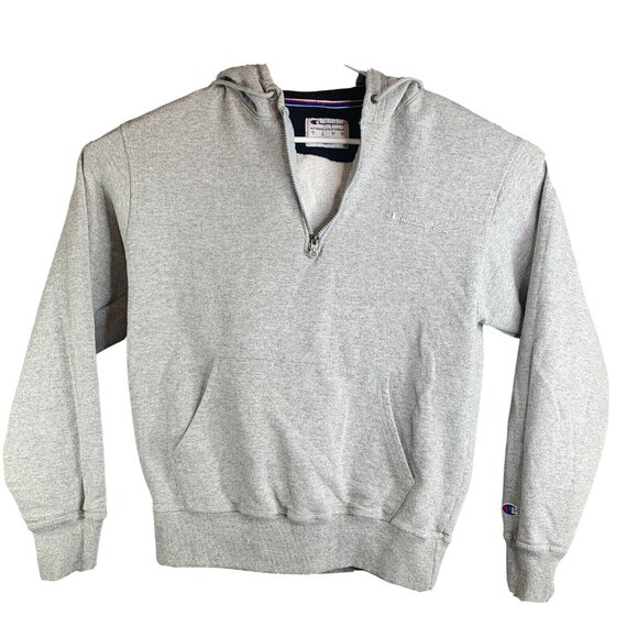 Champion Gray Half-Zip Hoodie With Kangaroo Pocket & Logo Embroidery - Picture 1 of 11